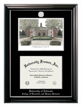 University of Nebraska College of Education and Human Sciences Double Opening with Campus Image (Stacked) Frame in Classic Ebony with Silver Trim with Black & Silver Mats for document: 8 1/2"h x 11"w  