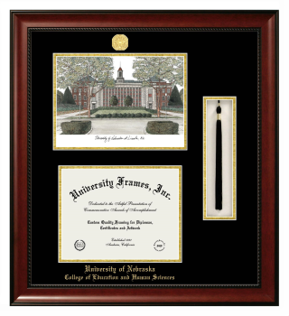 University of Nebraska College of Education and Human Sciences Double Opening with Campus Image & Tassel Box (Stacked) Frame in Avalon Mahogany with Black & Gold Mats for document: 8 1/2"h x 11"w  