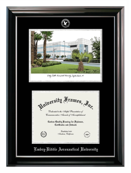 Embry-Riddle Aeronautical University (Daytona Campus) Double Opening with Campus Image (Stacked) Frame in Classic Ebony with Silver Trim with Black & Silver Mats for document: 8 1/2"h x 11"w  