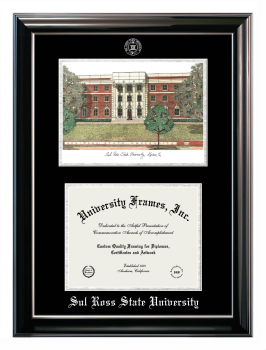 Sul Ross State University Double Opening with Campus Image (Stacked) Frame in Classic Ebony with Silver Trim with Black & Silver Mats for document: 8 1/2"h x 11"w  