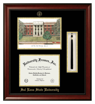 Sul Ross State University Double Opening with Campus Image & Tassel Box (Stacked) Frame in Avalon Mahogany with Black & Gold Mats for document: 8 1/2"h x 11"w  