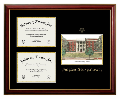 Sul Ross State University Triple Opening with Campus Image Frame in Classic Mahogany with Gold Trim with Black & Gold Mats for document: 8 1/2"h x 11"w  , document: 8 1/2"h x 11"w  