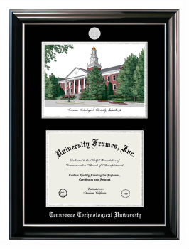 Tennessee Technological University Double Opening with Campus Image (Stacked) Frame in Classic Ebony with Silver Trim with Black & Silver Mats for document: 8 1/2"h x 11"w  
