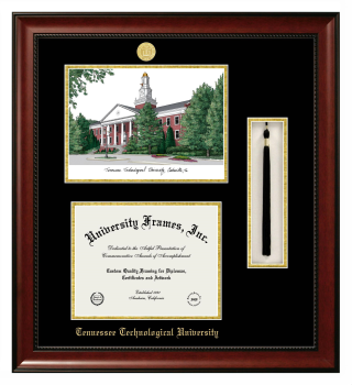 Tennessee Technological University Double Opening with Campus Image & Tassel Box (Stacked) Frame in Avalon Mahogany with Black & Gold Mats for document: 8 1/2"h x 11"w  