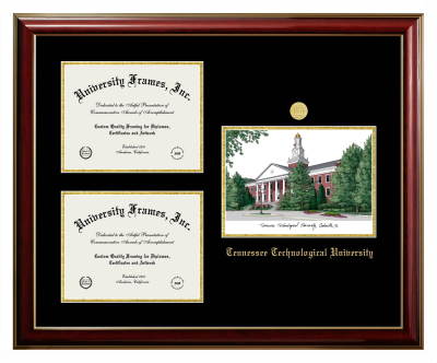 Tennessee Technological University Triple Opening with Campus Image Frame in Classic Mahogany with Gold Trim with Black & Gold Mats for document: 8 1/2"h x 11"w  , document: 8 1/2"h x 11"w  