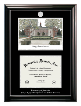 University of Nebraska College of Agricultural Sciences and Natural Resources Double Opening with Campus Image (Stacked) Frame in Classic Ebony with Silver Trim with Black & Silver Mats for document: 8 1/2"h x 11"w  