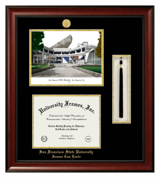 San Francisco State University Summa Cum Laude Double Opening with Campus Image & Tassel Box (Stacked) Frame in Avalon Mahogany with Black & Gold Mats for document: 8 1/2"h x 11"w  