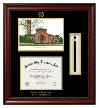 Hampton University School of Pharmacy Double Opening with Campus Image & Tassel Box (Stacked) Frame in Avalon Mahogany with Black & Gold Mats for document: 8 1/2"h x 11"w  