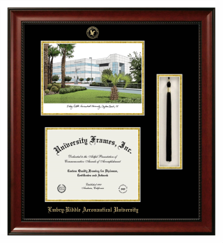 Embry-Riddle Aeronautical University (Daytona Campus) Double Opening with Campus Image & Tassel Box (Stacked) Frame in Avalon Mahogany with Black & Gold Mats for document: 8 1/2"h x 11"w  