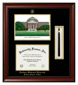 Southern Methodist University School of Law Double Opening with Campus Image & Tassel Box (Stacked) Frame in Avalon Mahogany with Black & Gold Mats for document: 8 1/2"h x 11"w  