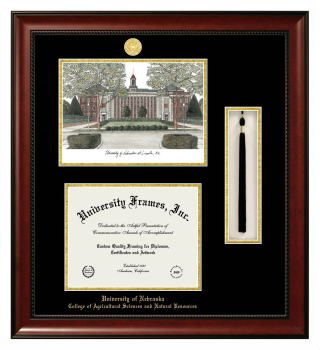 University of Nebraska College of Agricultural Sciences and Natural Resources Double Opening with Campus Image & Tassel Box (Stacked) Frame in Avalon Mahogany with Black & Gold Mats for document: 8 1/2"h x 11"w  