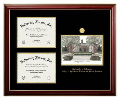 University of Nebraska College of Agricultural Sciences and Natural Resources Triple Opening with Campus Image Frame in Classic Mahogany with Gold Trim with Black & Gold Mats for document: 8 1/2"h x 11"w  , document: 8 1/2"h x 11"w  