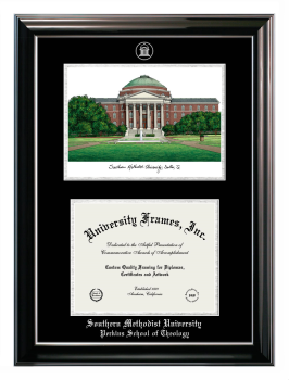 Southern Methodist University Perkins School of Theology Double Opening with Campus Image (Stacked) Frame in Classic Ebony with Silver Trim with Black & Silver Mats for document: 8 1/2"h x 11"w  