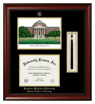Southern Methodist University Perkins School of Theology Double Opening with Campus Image & Tassel Box (Stacked) Frame in Avalon Mahogany with Black & Gold Mats for document: 8 1/2"h x 11"w  