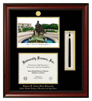 Stephen F. Austin State University Arthur Temple College of Forestry and Agriculture Double Opening with Campus Image & Tassel Box (Stacked) Frame in Avalon Mahogany with Black & Gold Mats for document: 8 1/2"h x 11"w  