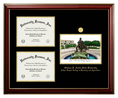 Stephen F. Austin State University Arthur Temple College of Forestry and Agriculture Triple Opening with Campus Image Frame in Classic Mahogany with Gold Trim with Black & Gold Mats for document: 8 1/2"h x 11"w  , document: 8 1/2"h x 11"w  