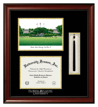 Florida Atlantic University (Boca Raton) Double Opening with Campus Image & Tassel Box (Stacked) Frame in Avalon Mahogany with Black & Gold Mats for document: 8 1/2"h x 11"w  