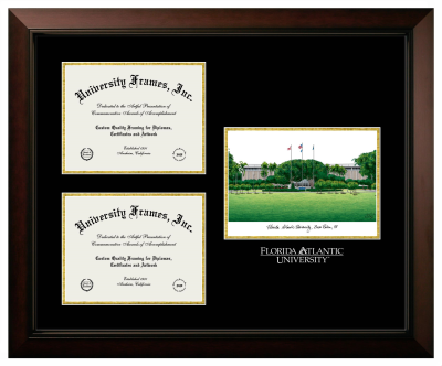 Florida Atlantic University (Boca Raton) Triple Opening with Campus Image Frame in Legacy Black Cherry with Black & Gold Mats for document: 8 1/2"h x 11"w  , document: 8 1/2"h x 11"w  