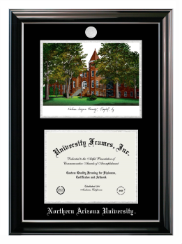 Northern Arizona University Double Opening with Campus Image (Stacked) Frame in Classic Ebony with Silver Trim with Black & Silver Mats for document: 8 1/2"h x 11"w  