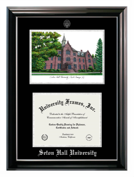 Seton Hall University Double Opening with Campus Image (Stacked) Frame in Classic Ebony with Silver Trim with Black & Silver Mats for document: 8 1/2"h x 11"w  