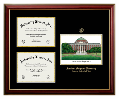 Southern Methodist University Dedman School of Law Triple Opening with Campus Image Frame in Classic Mahogany with Gold Trim with Black & Gold Mats for document: 8 1/2"h x 11"w  , document: 8 1/2"h x 11"w  