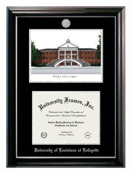 University of Louisiana at Lafayette Double Opening with Campus Image (Stacked) Frame in Classic Ebony with Silver Trim with Black & Silver Mats for document: 8 1/2"h x 11"w  