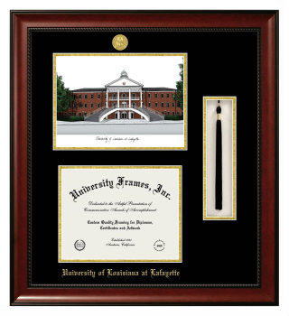 University of Louisiana at Lafayette Double Opening with Campus Image & Tassel Box (Stacked) Frame in Avalon Mahogany with Black & Gold Mats for document: 8 1/2"h x 11"w  