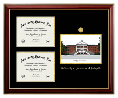 University of Louisiana at Lafayette Triple Opening with Campus Image Frame in Classic Mahogany with Gold Trim with Black & Gold Mats for document: 8 1/2"h x 11"w  , document: 8 1/2"h x 11"w  