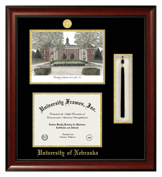 University of Nebraska (Lincoln) Double Opening with Campus Image & Tassel Box (Stacked) Frame in Avalon Mahogany with Black & Gold Mats for document: 8 1/2"h x 11"w  