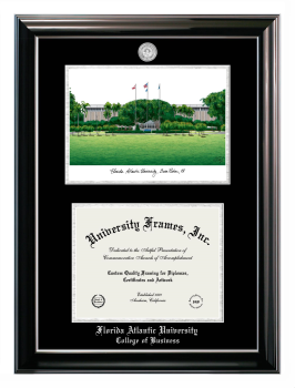 Florida Atlantic University (Boca Raton) College of Business Double Opening with Campus Image (Stacked) Frame in Classic Ebony with Silver Trim with Black & Silver Mats for document: 8 1/2"h x 11"w  