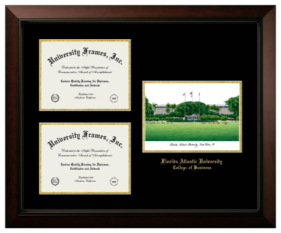 Florida Atlantic University (Boca Raton) College of Business Triple Opening with Campus Image Frame in Legacy Black Cherry with Black & Gold Mats for document: 8 1/2"h x 11"w  , document: 8 1/2"h x 11"w  