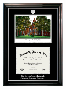 Northern Arizona University College of Mechanical Engineering Double Opening with Campus Image (Stacked) Frame in Classic Ebony with Silver Trim with Black & Silver Mats for document: 8 1/2"h x 11"w  