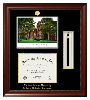 Northern Arizona University College of Mechanical Engineering Double Opening with Campus Image & Tassel Box (Stacked) Frame in Avalon Mahogany with Black & Gold Mats for document: 8 1/2"h x 11"w  