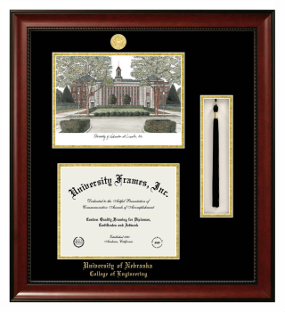 University of Nebraska College of Engineering Double Opening with Campus Image & Tassel Box (Stacked) Frame in Avalon Mahogany with Black & Gold Mats for document: 8 1/2"h x 11"w  