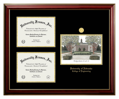 University of Nebraska College of Engineering Triple Opening with Campus Image Frame in Classic Mahogany with Gold Trim with Black & Gold Mats for document: 8 1/2"h x 11"w  , document: 8 1/2"h x 11"w  
