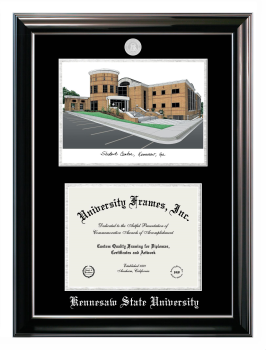 Kennesaw State University Double Opening with Campus Image (Stacked) Frame in Classic Ebony with Silver Trim with Black & Silver Mats for document: 8 1/2"h x 11"w  