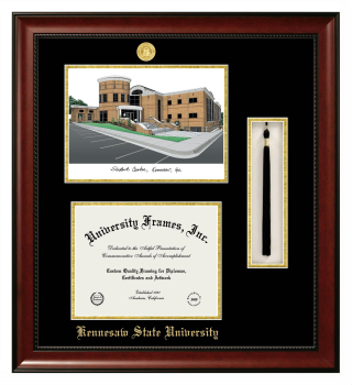 Kennesaw State University Double Opening with Campus Image & Tassel Box (Stacked) Frame in Avalon Mahogany with Black & Gold Mats for document: 8 1/2"h x 11"w  