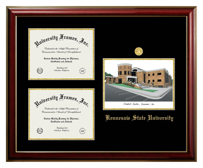 Kennesaw State University Triple Opening with Campus Image Frame in Classic Mahogany with Gold Trim with Black & Gold Mats for document: 8 1/2"h x 11"w  , document: 8 1/2"h x 11"w  