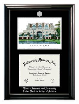 Florida International University Herbert Wertheim College of Medicine Double Opening with Campus Image (Stacked) Frame in Classic Ebony with Silver Trim with Black & Silver Mats for document: 8 1/2"h x 11"w  