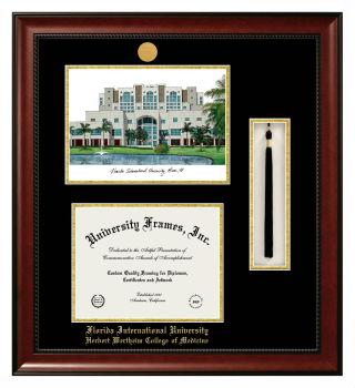 Florida International University Herbert Wertheim College of Medicine Double Opening with Campus Image & Tassel Box (Stacked) Frame in Avalon Mahogany with Black & Gold Mats for document: 8 1/2"h x 11"w  