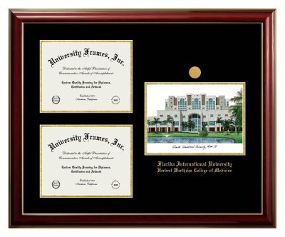 Florida International University Herbert Wertheim College of Medicine Triple Opening with Campus Image Frame in Classic Mahogany with Gold Trim with Black & Gold Mats for document: 8 1/2"h x 11"w  , document: 8 1/2"h x 11"w  