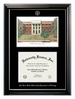 Sul Ross State University Department of Geology Double Opening with Campus Image (Stacked) Frame in Classic Ebony with Silver Trim with Black & Silver Mats for document: 8 1/2"h x 11"w  