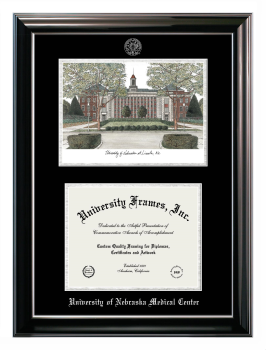 University of Nebraska Medical Center Double Opening with Campus Image (Stacked) Frame in Classic Ebony with Silver Trim with Black & Silver Mats for document: 8 1/2"h x 11"w  