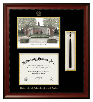 University of Nebraska Medical Center Double Opening with Campus Image & Tassel Box (Stacked) Frame in Avalon Mahogany with Black & Gold Mats for document: 8 1/2"h x 11"w  