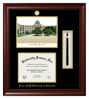 Texas A&M University at Galveston Double Opening with Campus Image & Tassel Box (Stacked) Frame in Avalon Mahogany with Black & Gold Mats for document: 8 1/2"h x 11"w  
