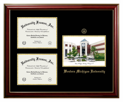 Western Michigan University Triple Opening with Campus Image Frame in Classic Mahogany with Gold Trim with Black & Gold Mats for document: 8 1/2"h x 11"w  , document: 8 1/2"h x 11"w  