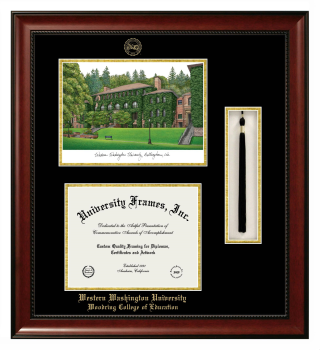 Western Washington University Woodring College of Education Double Opening with Campus Image & Tassel Box (Stacked) Frame in Avalon Mahogany with Black & Gold Mats for document: 8 1/2"h x 11"w  