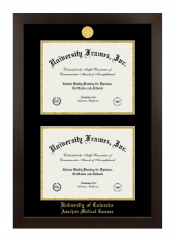 University of Colorado Anschutz Medical Campus Double Diploma Frame in Manhattan Espresso with Black & Gold Mats for document: 8 1/2"h x 11"w  , document: 8 1/2"h x 11"w  