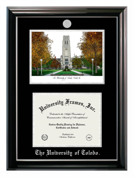 University of Toledo Double Opening with Campus Image (Stacked) Frame in Classic Ebony with Silver Trim with Black & Silver Mats for document: 8 1/2"h x 11"w  