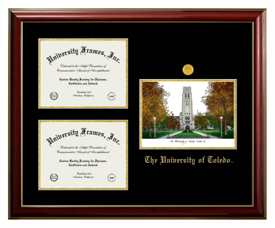 University of Toledo Triple Opening with Campus Image Frame in Classic Mahogany with Gold Trim with Black & Gold Mats for document: 8 1/2"h x 11"w  , document: 8 1/2"h x 11"w  